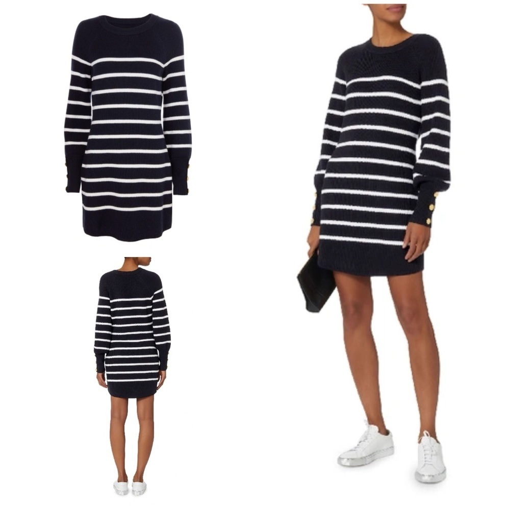 EUC Intermix Nimah Gold Buttons Striped Nautical Merino Wool Sweater Dress P​​​